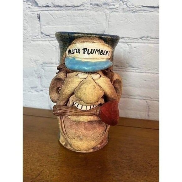 Vintage Ugly Face Master Plumber 7" Pottery Mug Stein Signed - Picture 6 of 6